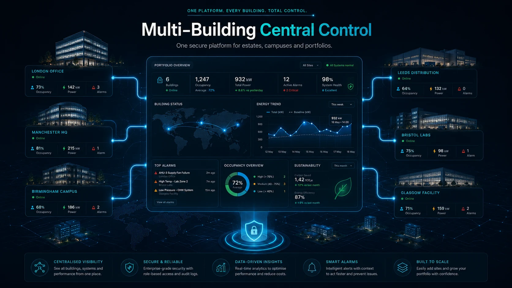 Centralised BMS dashboard showing multiple buildings connected into one secure system with energy, occupancy, alarms and system health